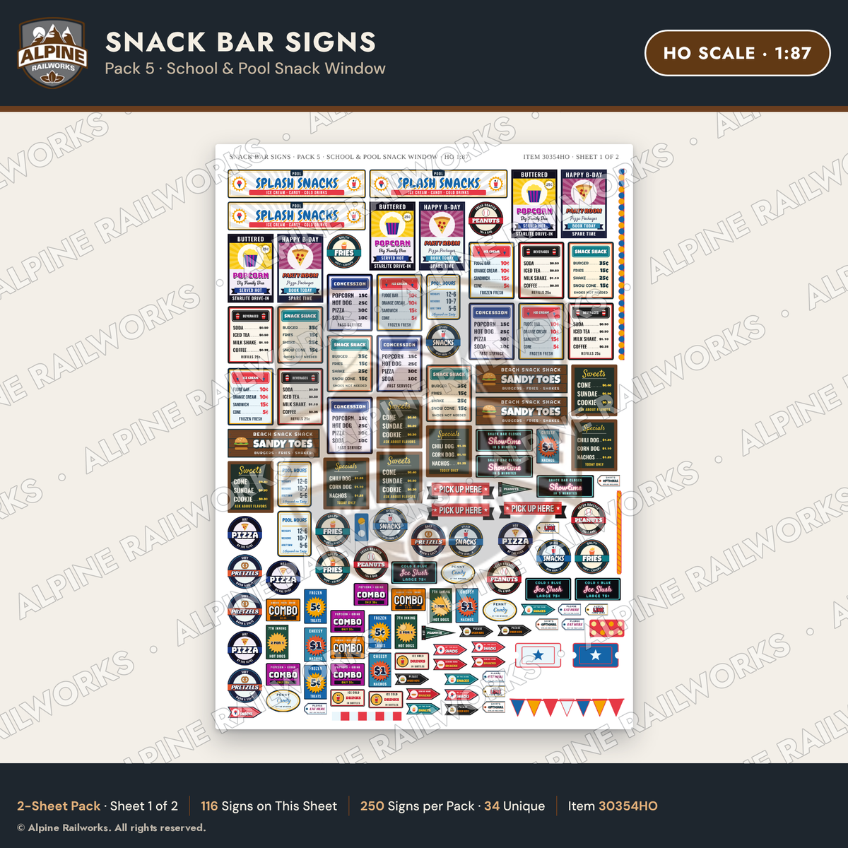 Alpine Railworks 30354HO HO Scale Snack Bar Signs - School