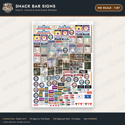 Alpine Railworks 30354HO HO Scale Snack Bar Signs - School