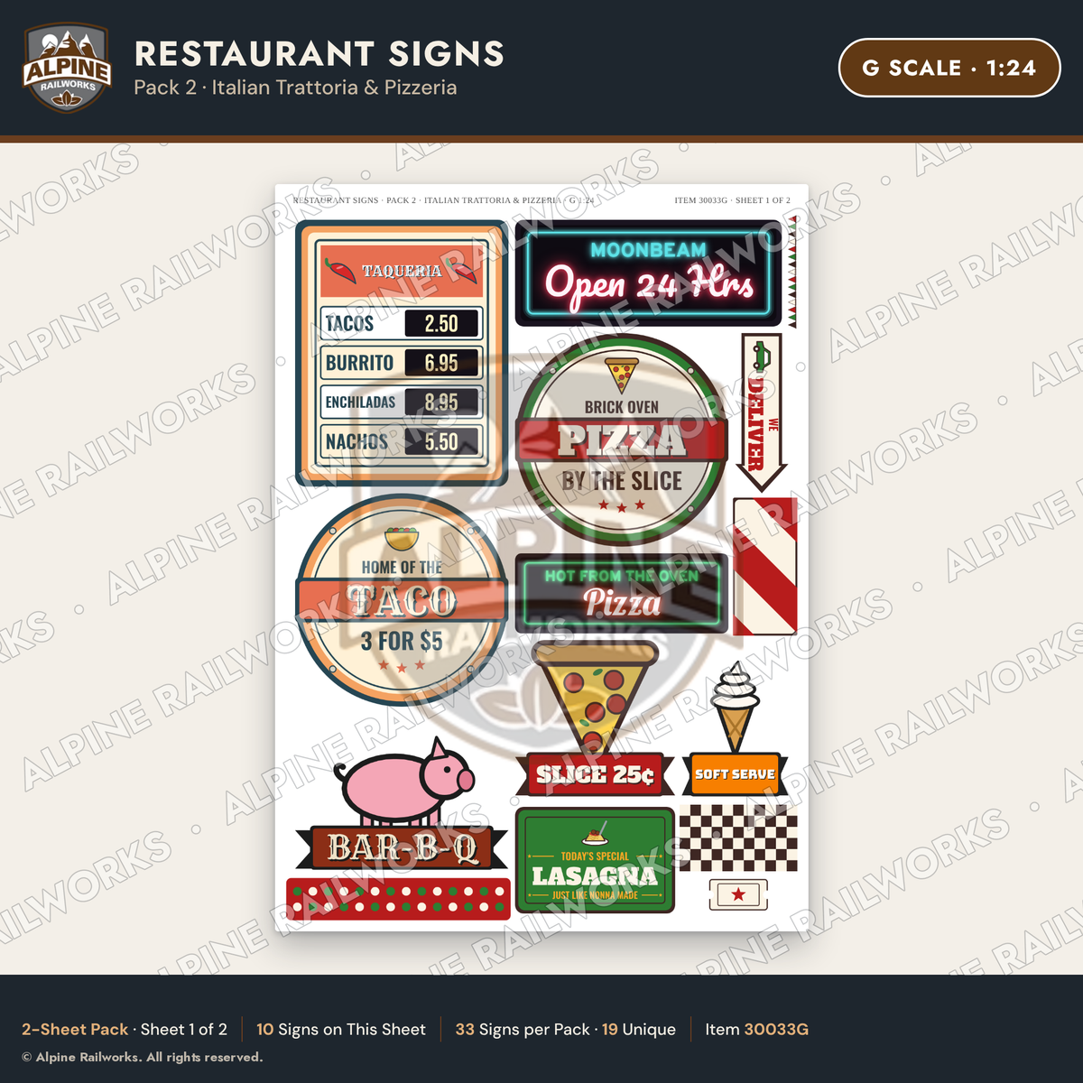 Alpine Railworks 30033G G Scale Restaurant Signs - Italian Trattoria