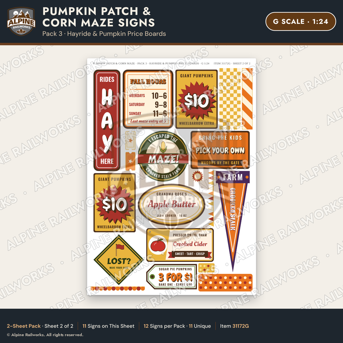 Alpine Railworks 31172G G Scale Farm Signs - Pumpkin Patch & Corn Maze