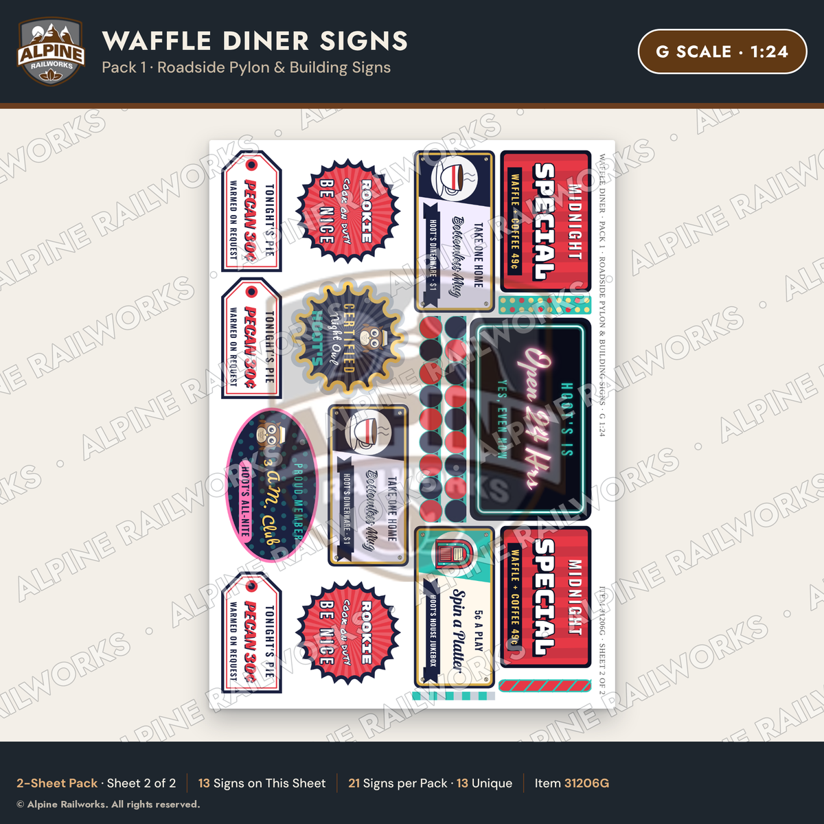 Alpine Railworks 31206G G Scale Waffle Diner Signs - Roadside Pylon