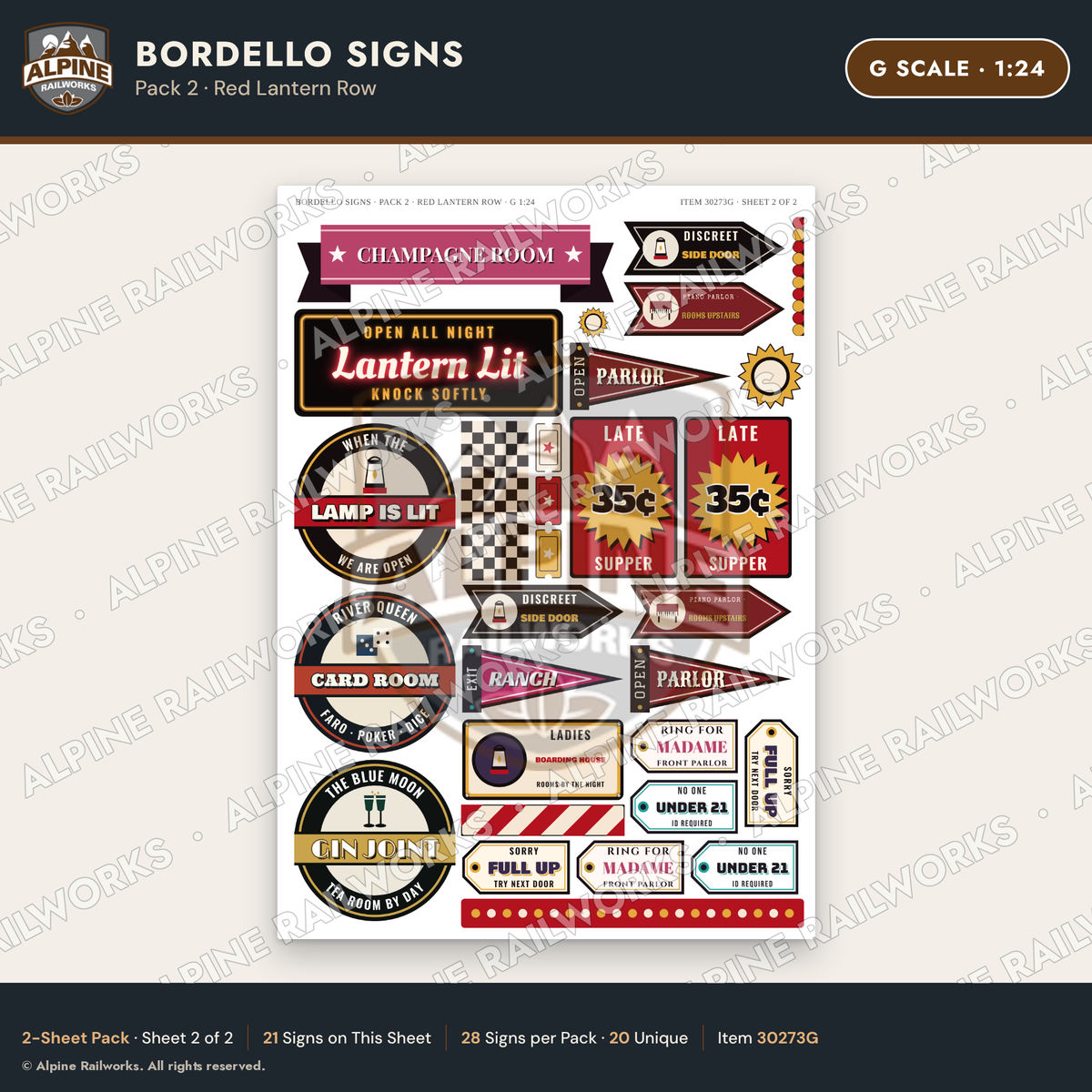 Alpine Railworks 30273G G Scale Bordello Signs - Red Lantern Row