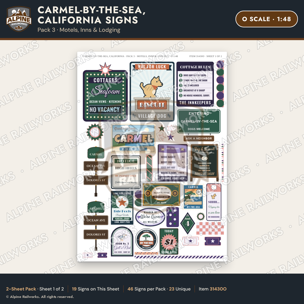 Alpine Railworks 31430O O Scale Carmel CA Signs - Motels & Inns