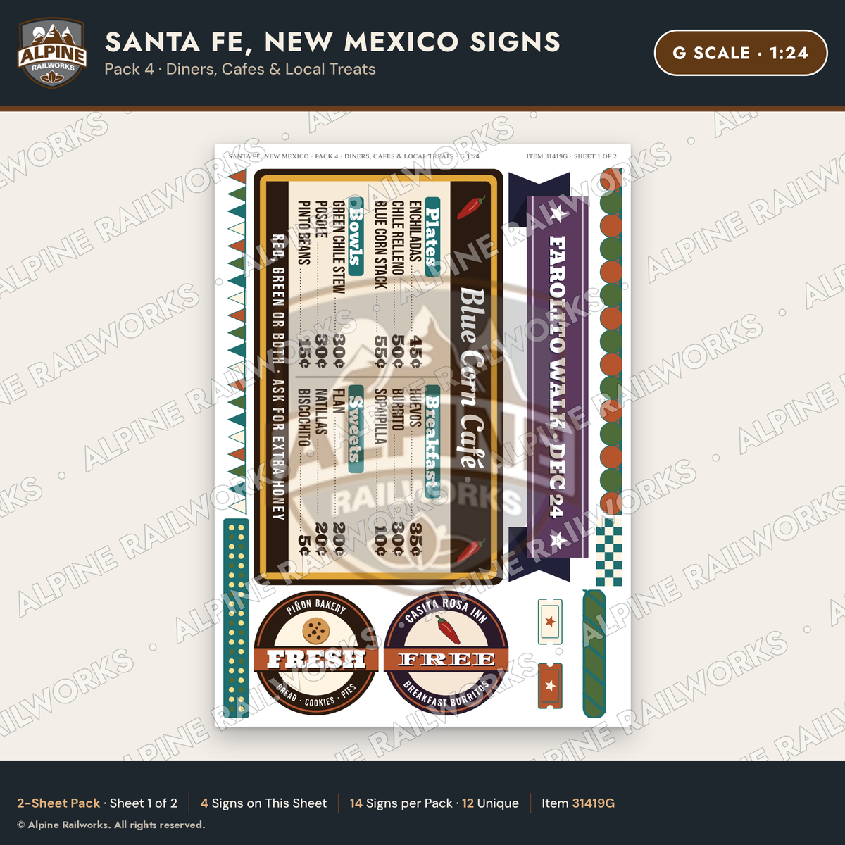 Alpine Railworks 31419G G Scale Santa Fe NM Signs - Diners & Cafes