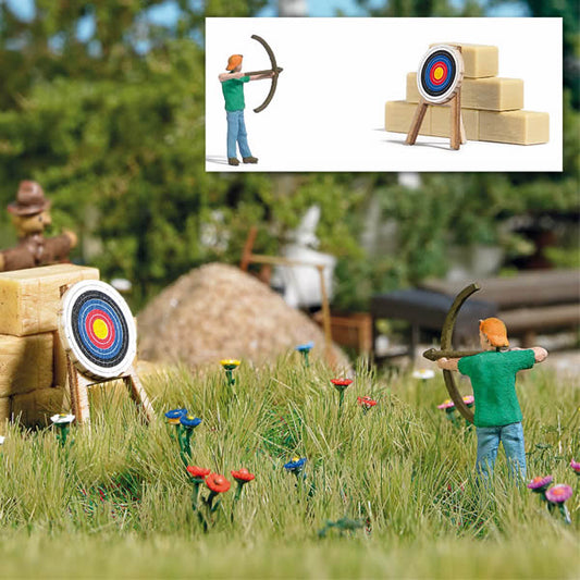Busch 7865 HO Scale Archery Range - Figure with Bow, Target, Hay Bales