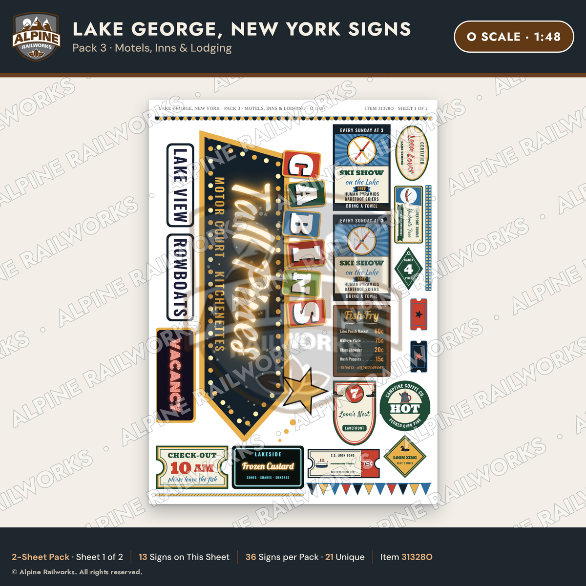 Alpine Railworks 31328O O Scale Lake George NY Signs - Motels & Inns
