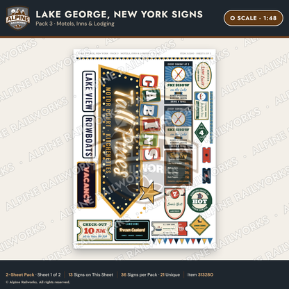 Alpine Railworks 31328O O Scale Lake George NY Signs - Motels & Inns
