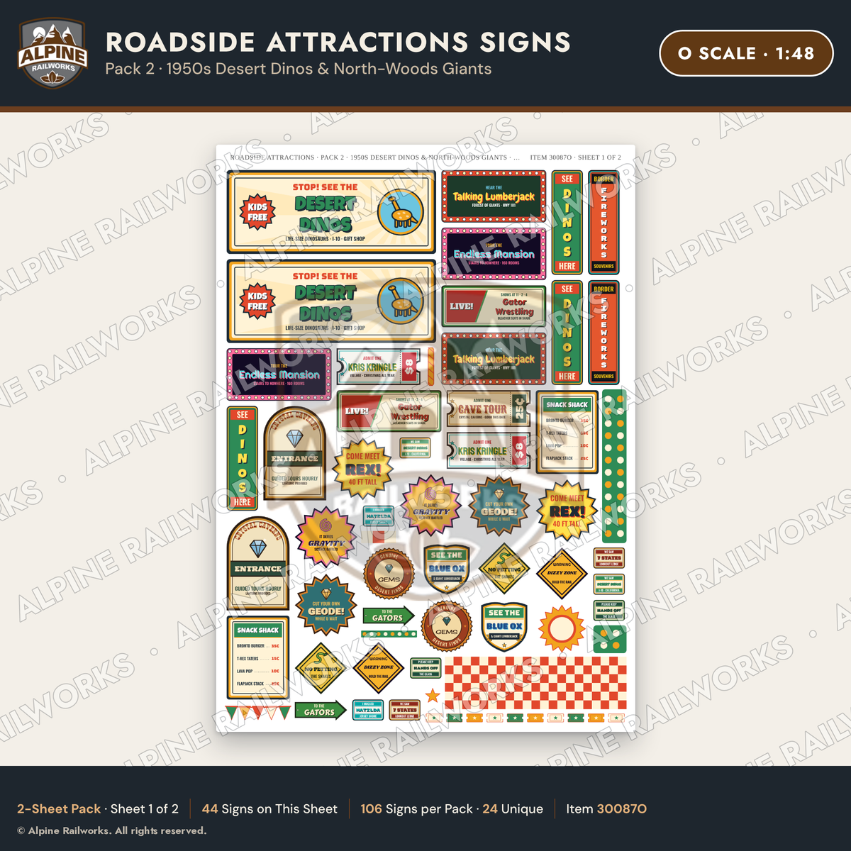 Alpine Railworks 30087O O Scale Roadside Attractions Signs