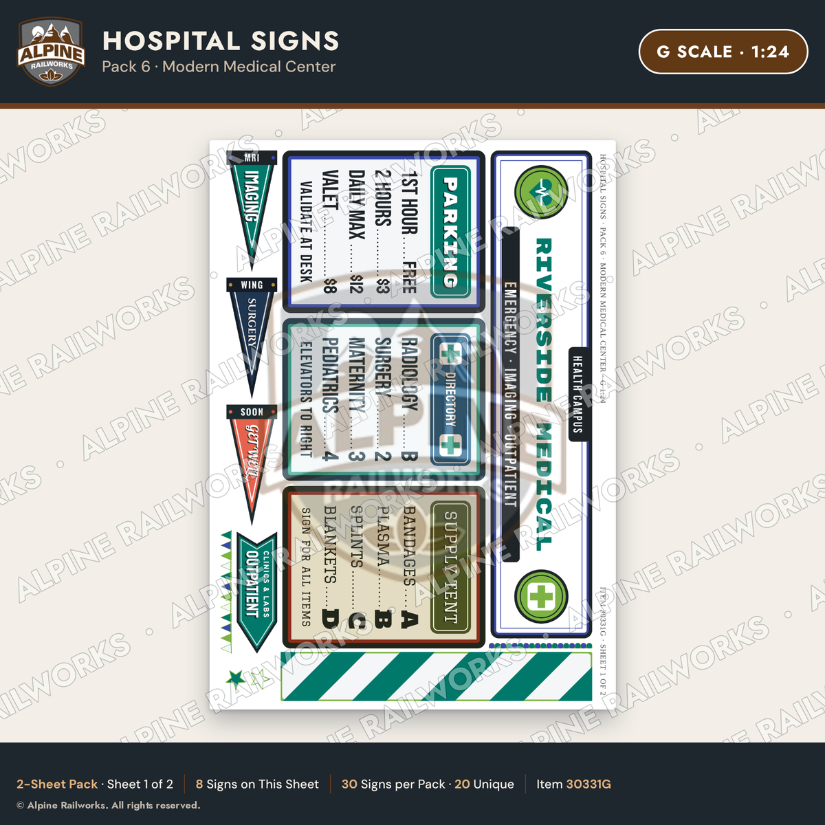 Alpine Railworks 30331G G Scale Hospital Signs - Modern Medical Center