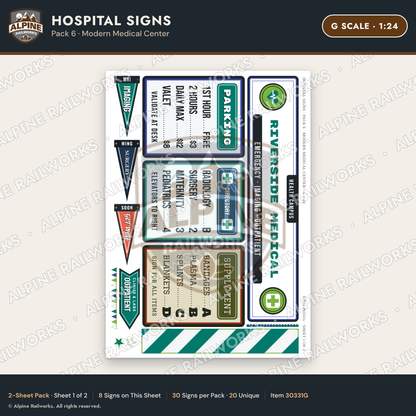 Alpine Railworks 30331G G Scale Hospital Signs - Modern Medical Center