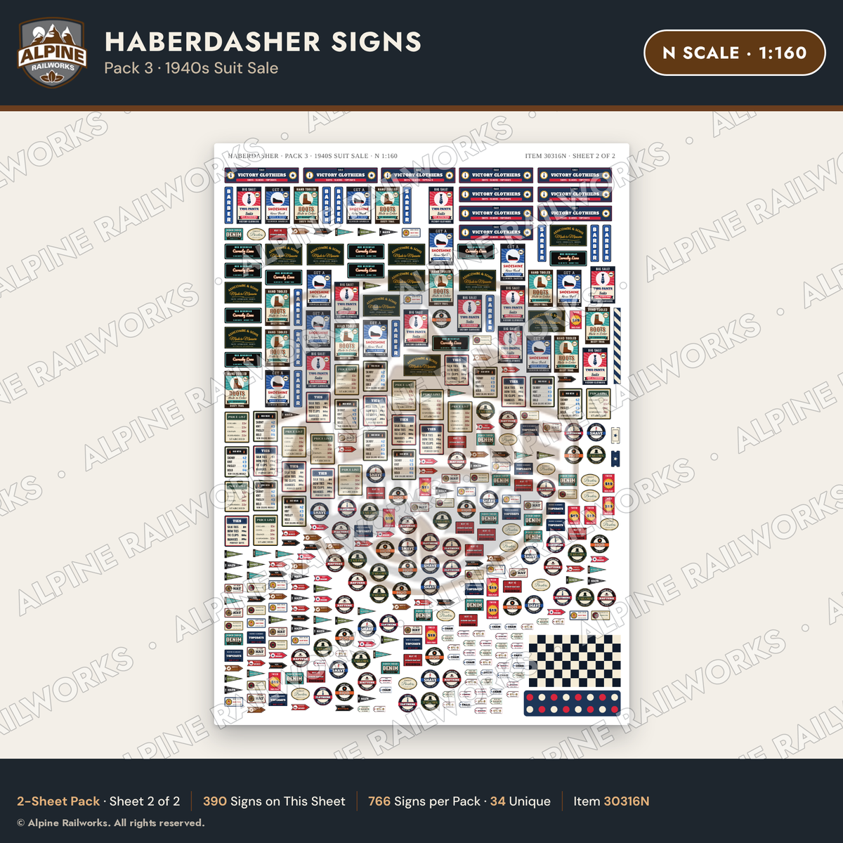 Alpine Railworks 30316N N Scale Haberdasher Signs - 1940s Suit Sale