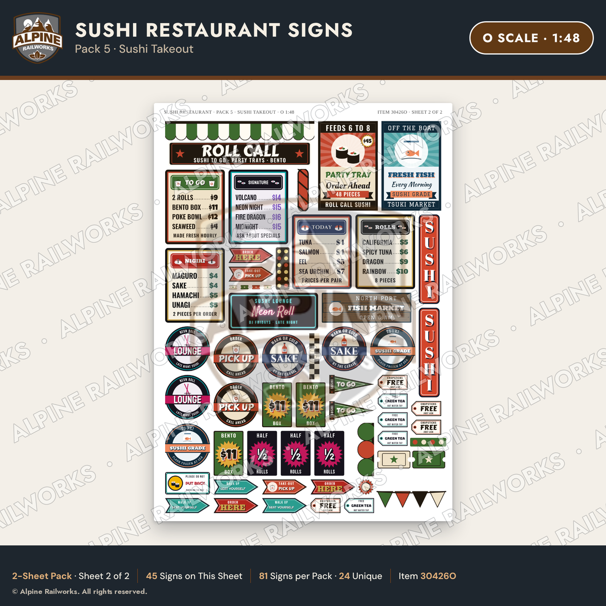 Alpine Railworks 30426O O Scale Sushi Restaurant Signs - Sushi Takeout