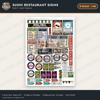 Alpine Railworks 30426O O Scale Sushi Restaurant Signs - Sushi Takeout