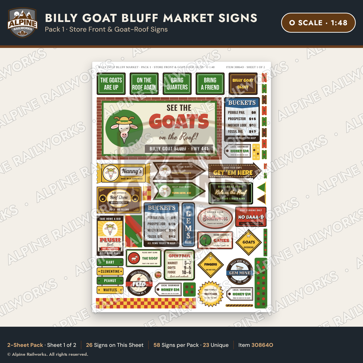 Alpine Railworks 30864O O Scale Roadside Signs - Goats on the Roof