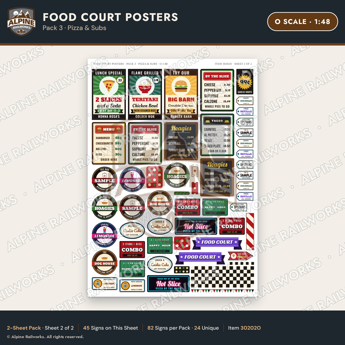 Alpine Railworks 30202O O Scale Food Court Posters - Pizza & Subs