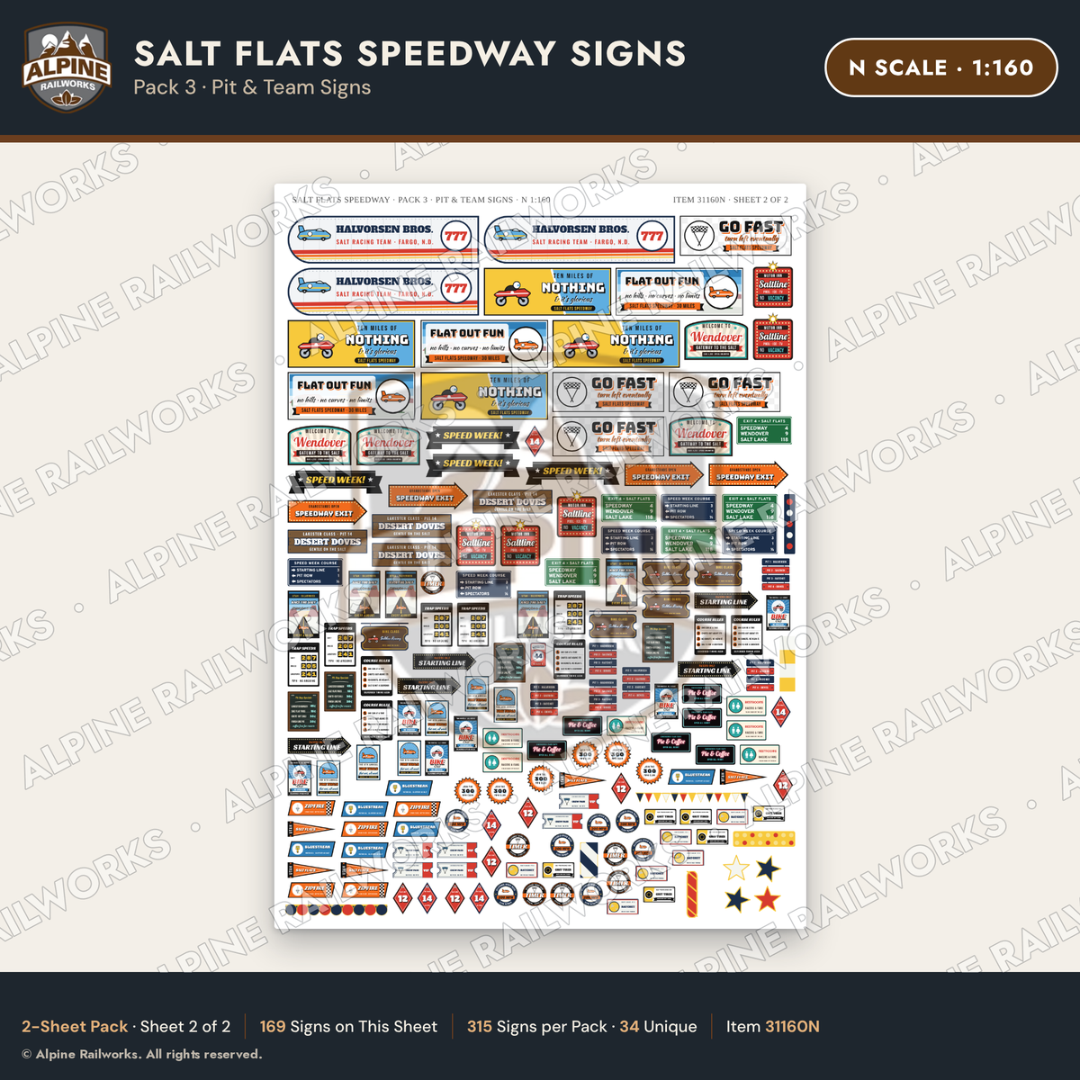 Alpine Railworks 31160N N Scale Racing Signs - Salt Flats Speedway