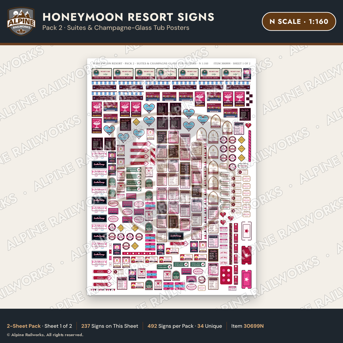 Alpine Railworks 30699N N Scale Honeymoon Resort Signs - Suites