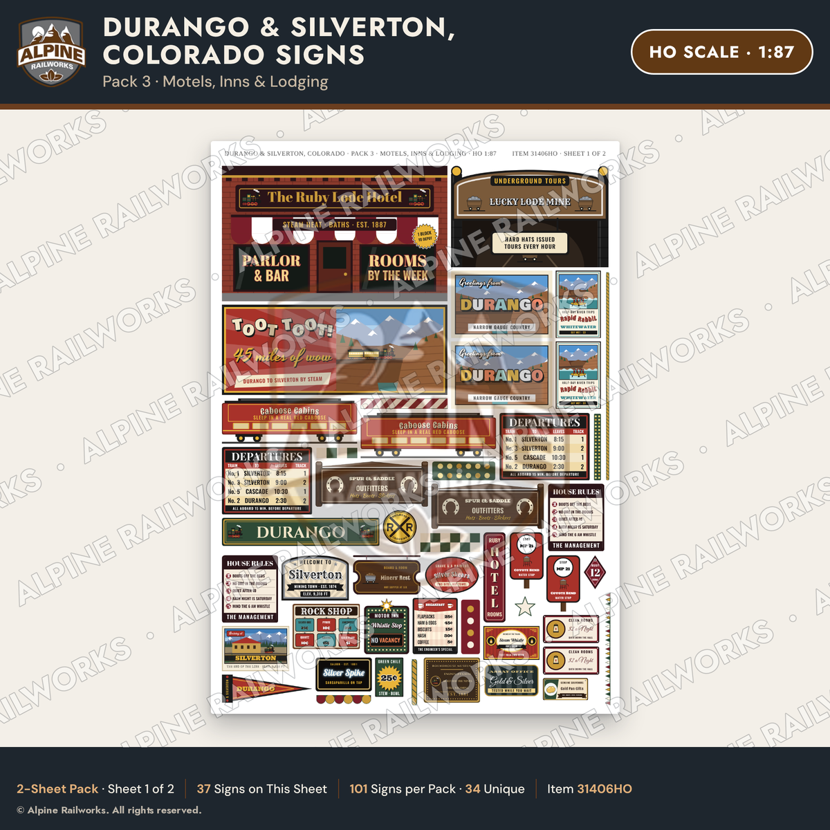 Alpine Railworks 31406HO HO Scale Durango CO Signs - Motels & Inns