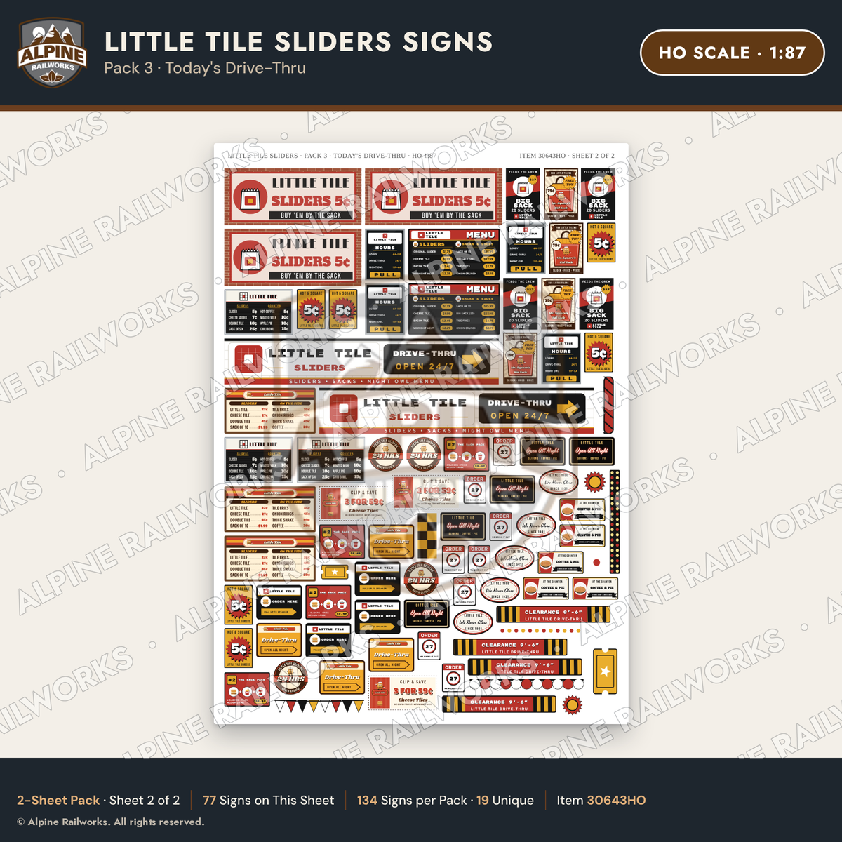 Alpine Railworks 30643HO HO Scale Fast Food Signs - Slider Burgers