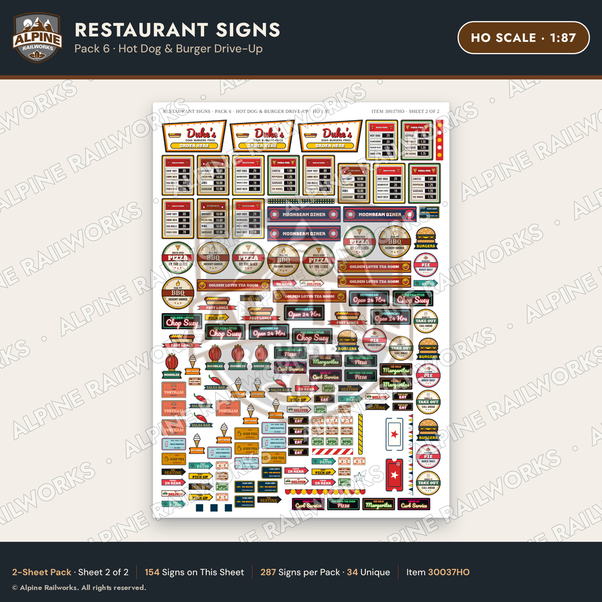 Alpine Railworks 30037HO HO Scale Restaurant Signs - Hot Dog