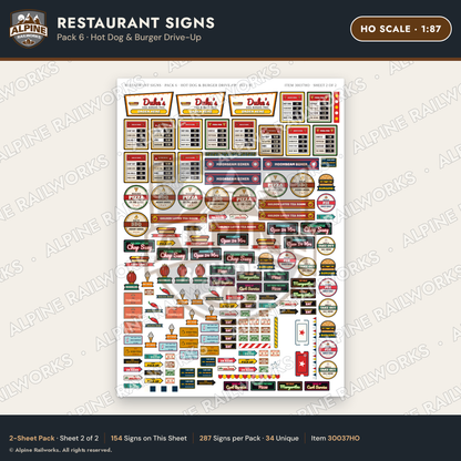 Alpine Railworks 30037HO HO Scale Restaurant Signs - Hot Dog