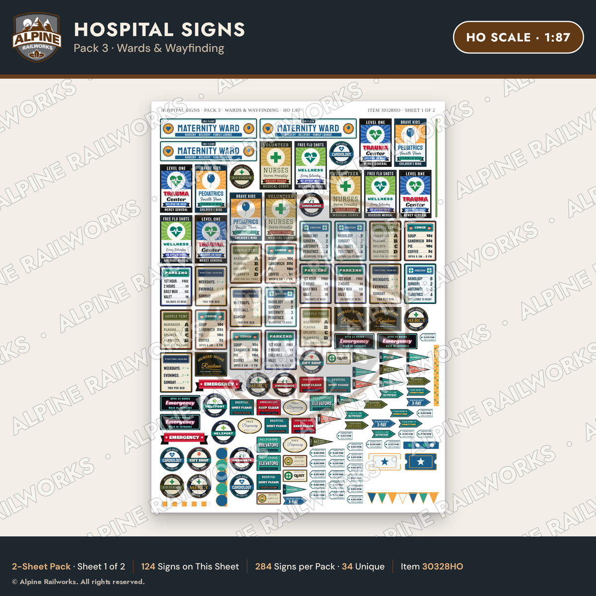 Alpine Railworks 30328HO HO Scale Hospital Signs - Wards & Wayfinding