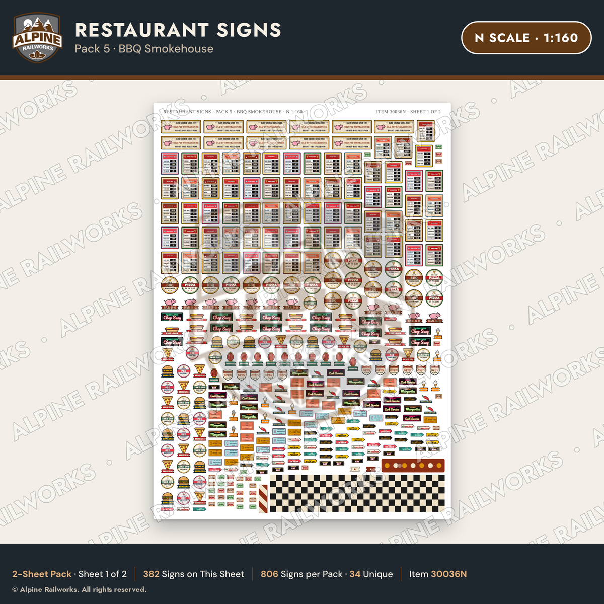 Alpine Railworks 30036N N Scale Restaurant Signs - BBQ Smokehouse