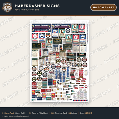 Alpine Railworks 30316HO HO Scale Haberdasher Signs - 1940s Suit Sale