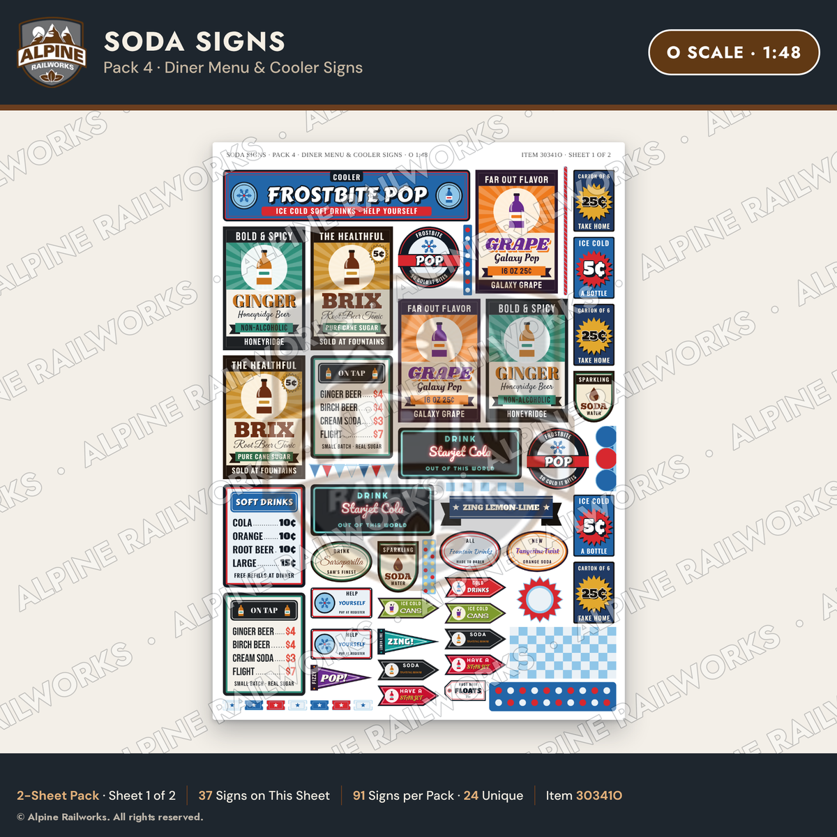 Alpine Railworks 30341O O Scale Soda Signs - Diner Menu & Cooler