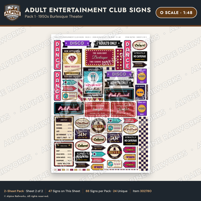 Alpine Railworks 30278O O Scale Adult Entertainment Club Signs