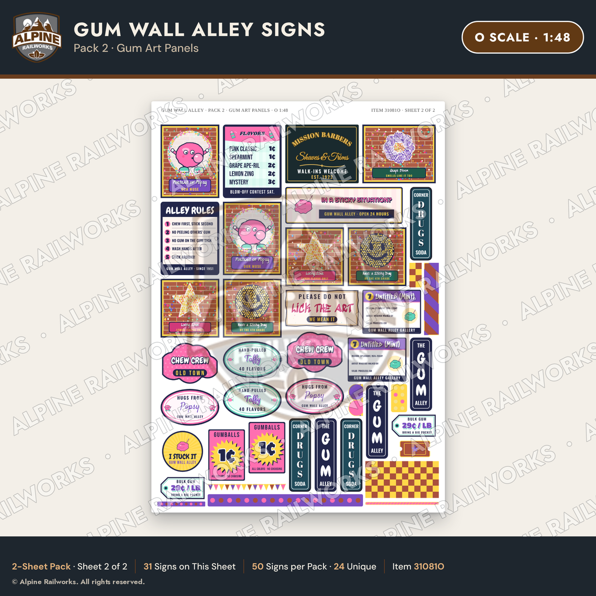 Alpine Railworks 31081O O Scale Roadside Signs - Bubblegum Alley