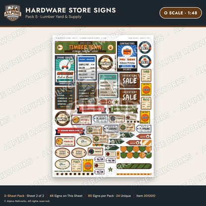 Alpine Railworks 30120O O Scale Hardware Store Signs - Lumber Yard