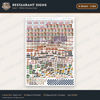Alpine Railworks 30032N N Scale Restaurant Signs - 1950s Chrome Diner