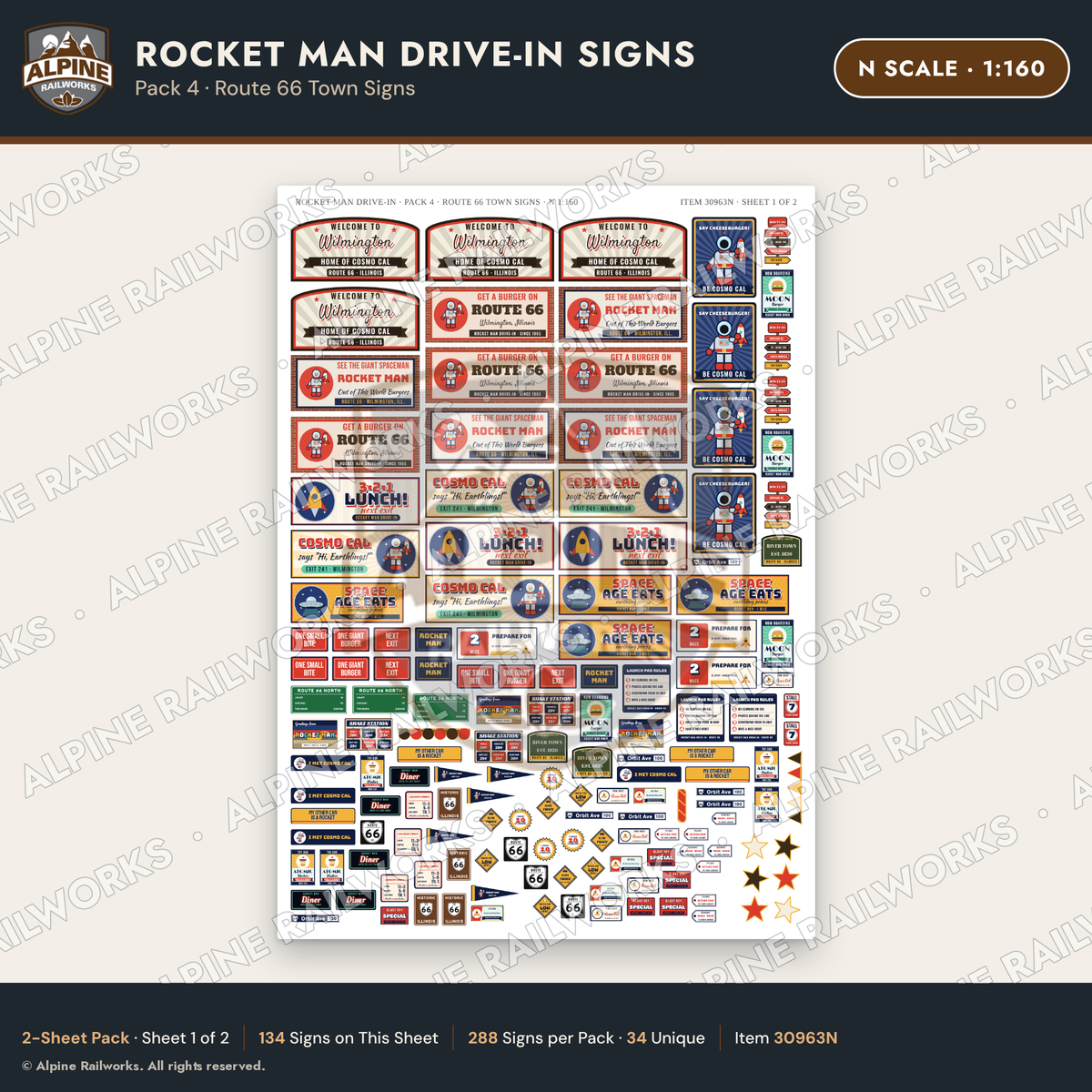 Alpine Railworks 30963N N Scale Roadside Signs - Spaceman Drive-In