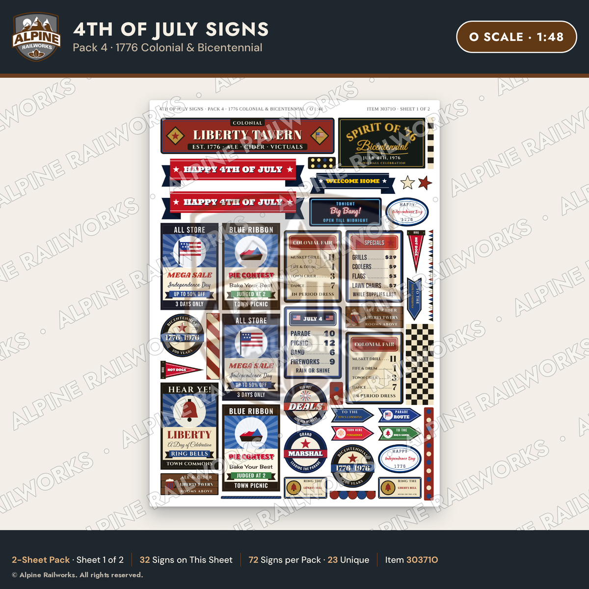 Alpine Railworks 30371O O Scale 4th of July Signs - 1776 Colonial