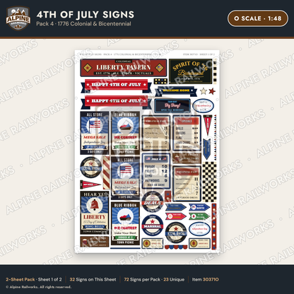 Alpine Railworks 30371O O Scale 4th of July Signs - 1776 Colonial