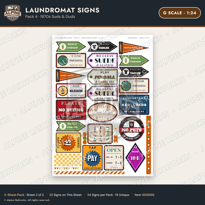 Alpine Railworks 30305G G Scale Laundromat Signs - 1970s Suds & Duds