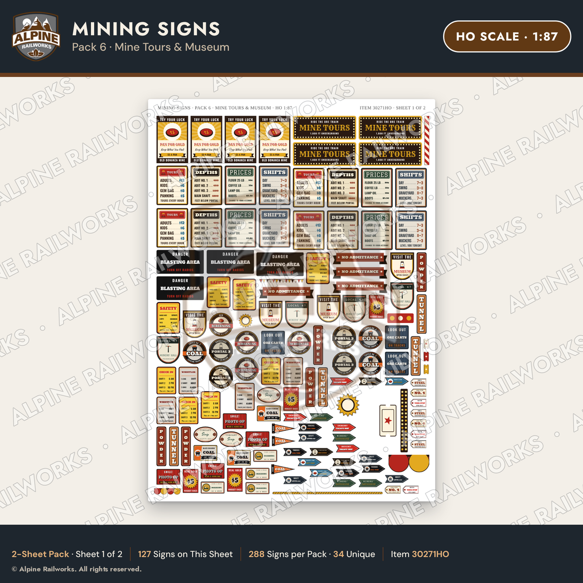 Alpine Railworks 30271HO HO Scale Mining Signs - Mine Tours & Museum