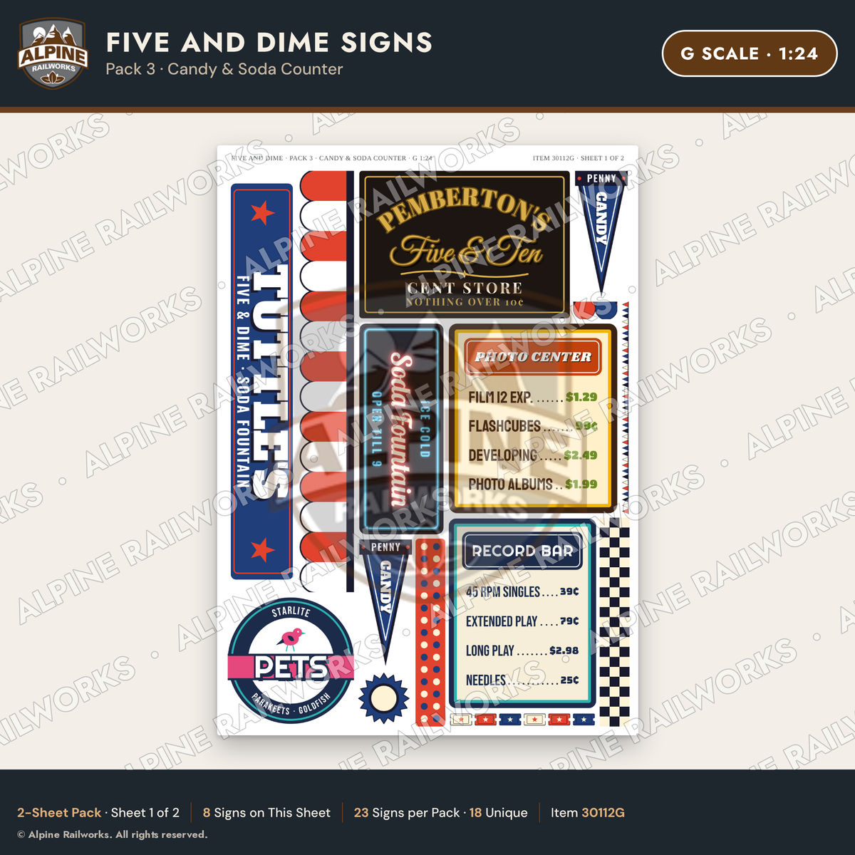Alpine Railworks 30112G G Scale Five and Dime Signs - Candy