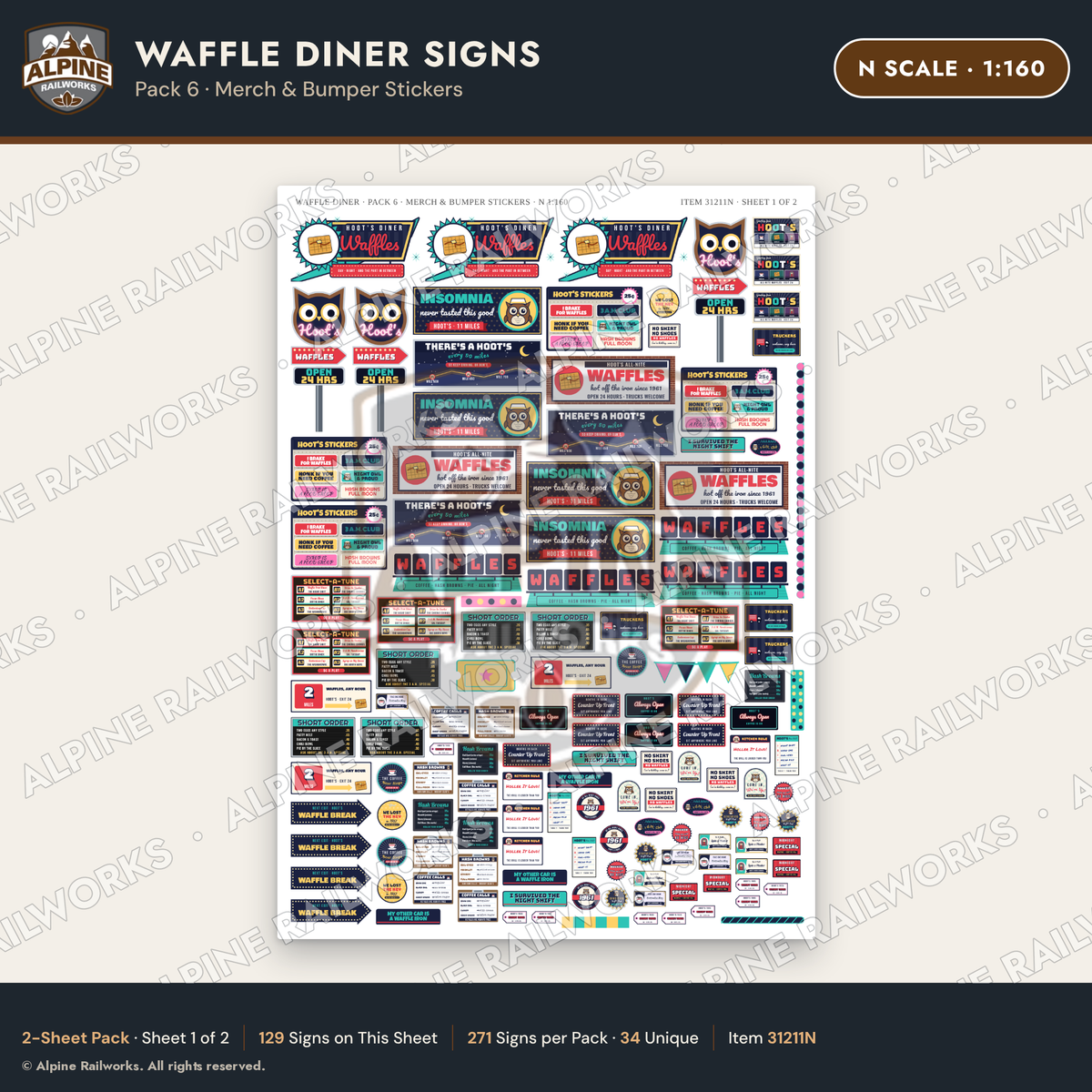 Alpine Railworks 31211N N Scale Waffle Diner Signs - Bumper Stickers