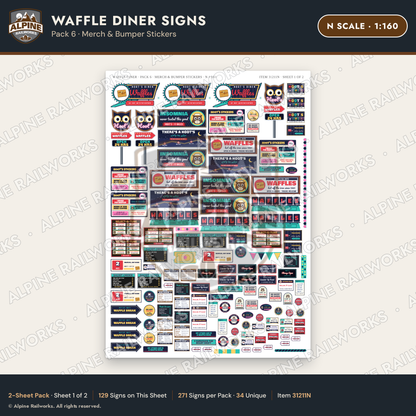 Alpine Railworks 31211N N Scale Waffle Diner Signs - Bumper Stickers