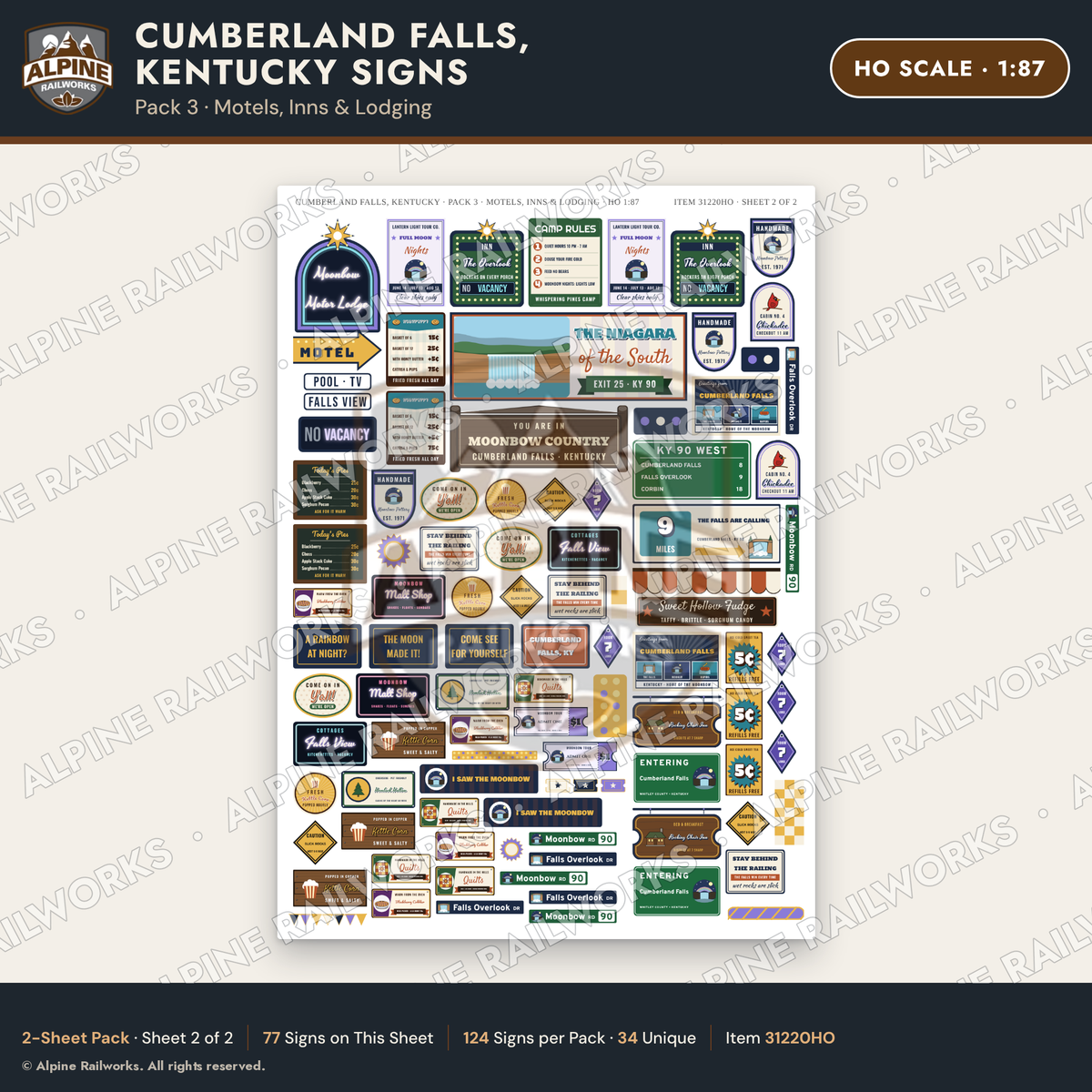 Alpine Railworks 31220HO HO Scale Cumberland Falls Signs - Motels