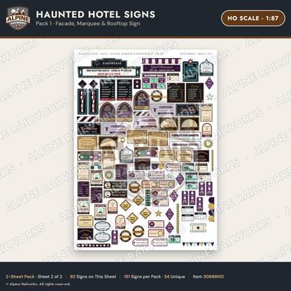 Alpine Railworks 30686HO HO Scale Haunted Hotel Signs - Facade