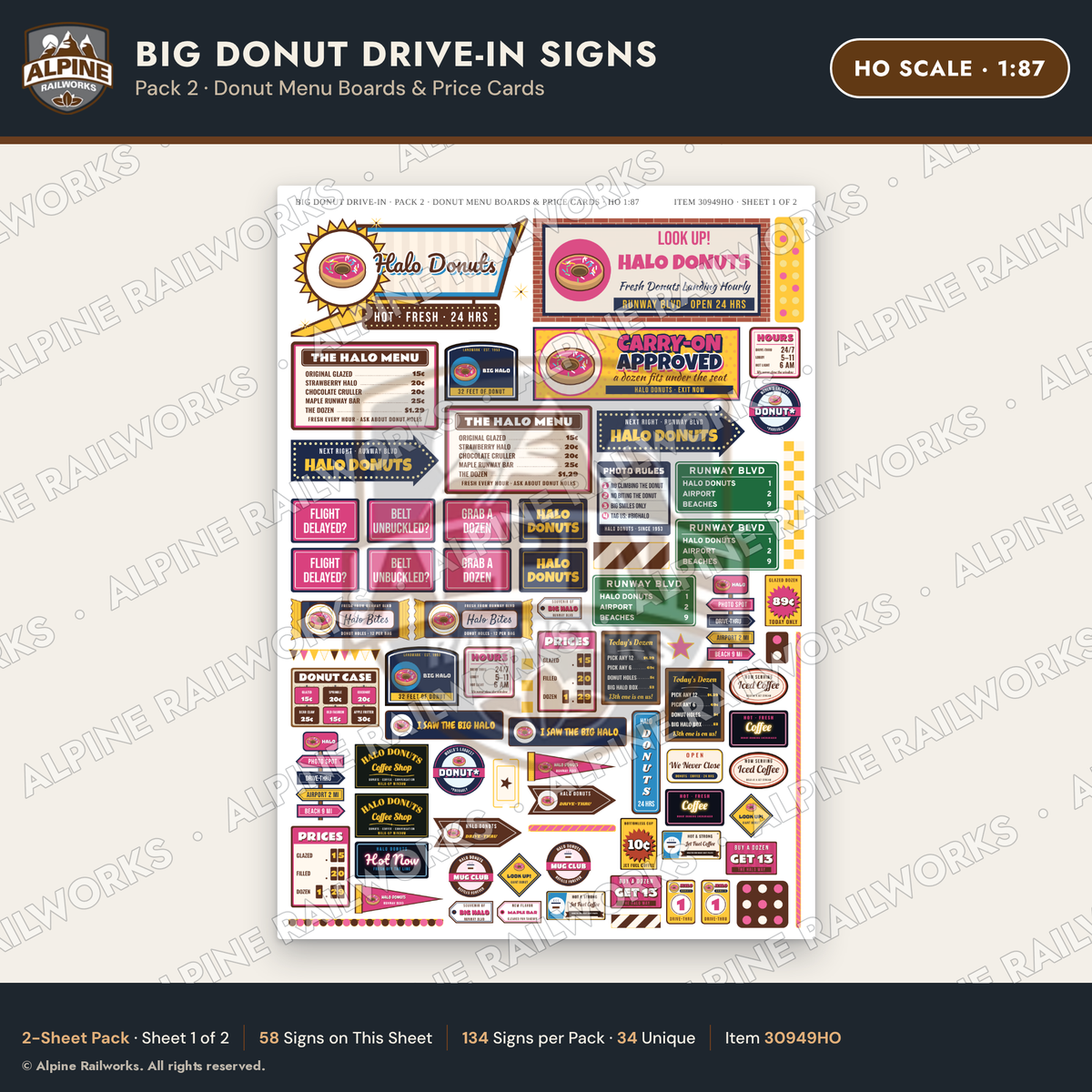 Alpine Railworks 30949HO HO Scale Roadside Signs - Giant Donut Shop