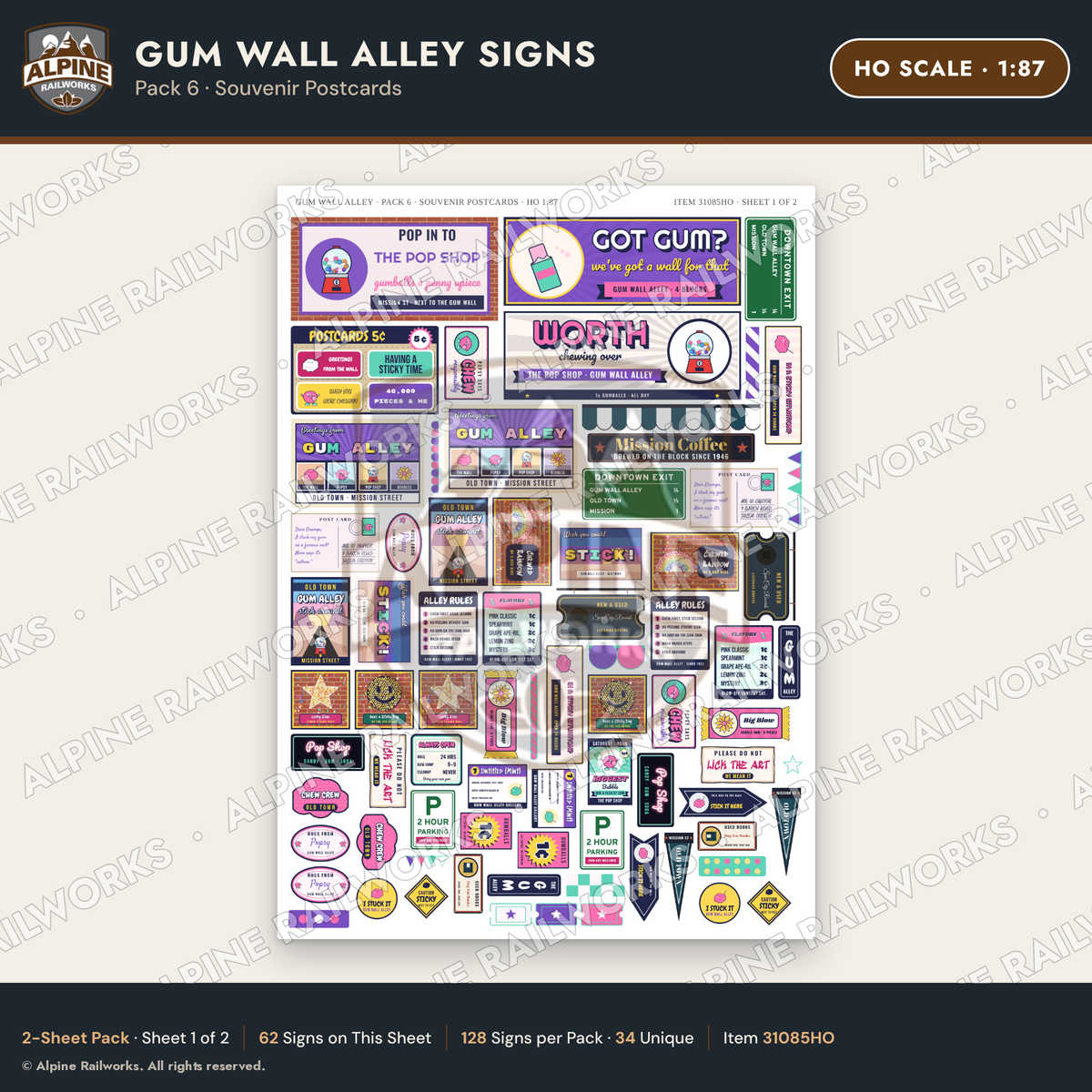 Alpine Railworks 31085HO HO Scale Roadside Signs - Bubblegum Alley
