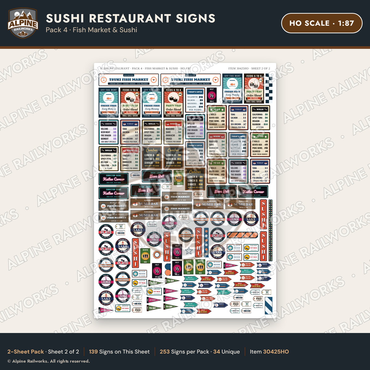 Alpine Railworks 30425HO HO Scale Sushi Restaurant Signs - Fish Market