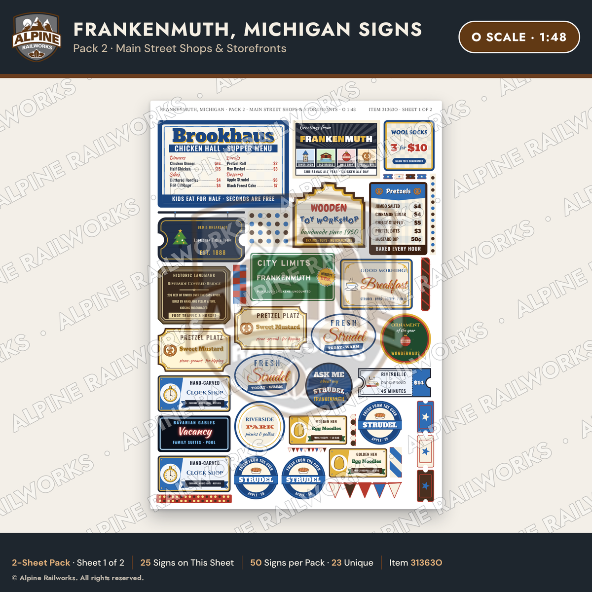 Alpine Railworks 31363O O Scale Frankenmuth MI Signs - Shops