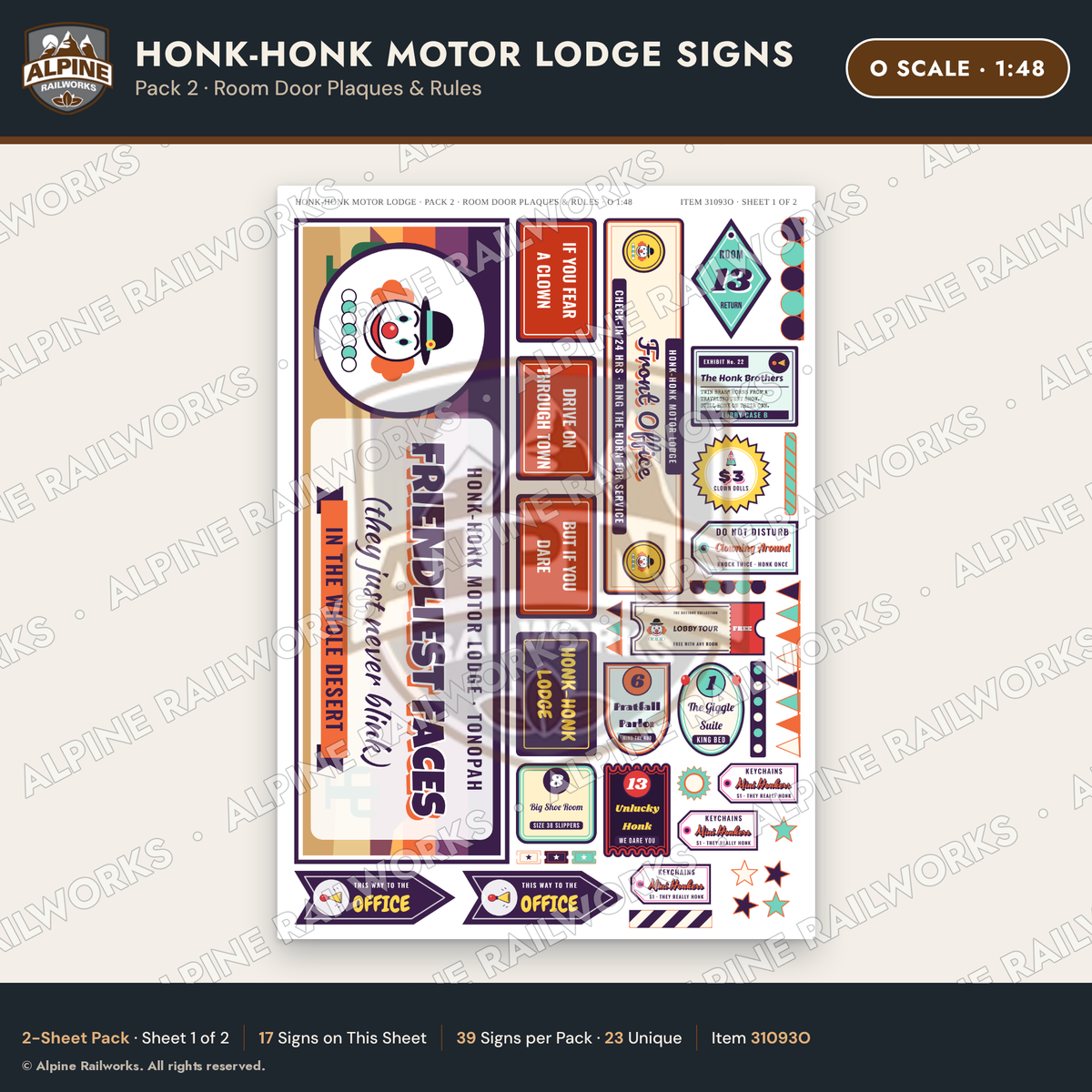 Alpine Railworks 31093O O Scale Roadside Signs - Clown Motel