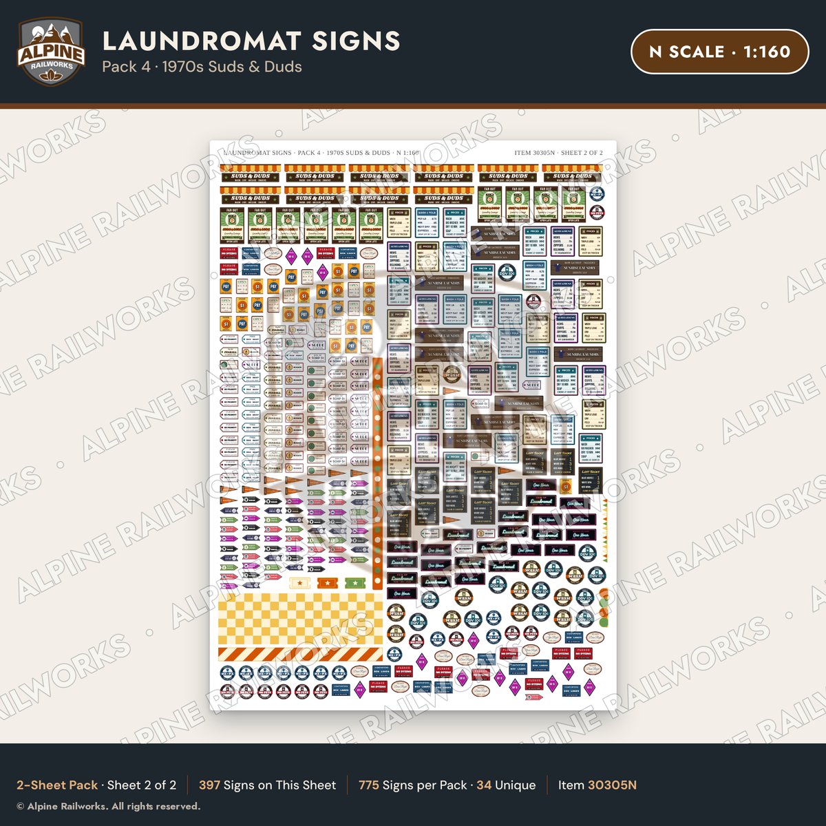 Alpine Railworks 30305N N Scale Laundromat Signs - 1970s Suds & Duds