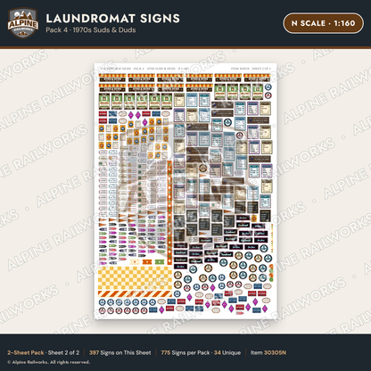 Alpine Railworks 30305N N Scale Laundromat Signs - 1970s Suds & Duds